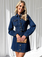 Jeanskleid mit Knöpfen Gürtel langen Ärmeln und Taschen lässige Minikleider