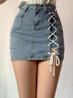 Jeansrock für Frauen Blau Lace Up Mini High Rise Taille Gefälschte Zweiteiler Sommer Cowboy Bottoms