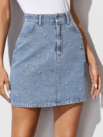 Jeansrock für Frauen Blue Studded Denim Natural Waist Short Summer Bottoms
