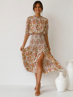 Jewel Neck Maxikleid mit kurzen Ärmeln Polyester Lässiges bodenlanges Kleid mit Blumendruck