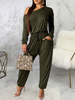 Jägergrün Ein-Schulter Langarm Plissee Stretch Polyester Harem Sommer One Piece Outfit