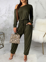 Jägergrün Ein-Schulter Langarm Plissee Stretch Polyester Harem Sommer One Piece Outfit