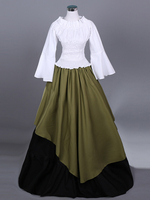 Jägergrünes Retro-Kostüm für Damen Farbblock Plissee Rüschen Polyester Set Oberteil und Rock Marie Antoinette-Kostüm Retro-Vintage-Kleidung