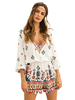 Jumpsuit Damen Overall 3/4 Ärmel und spitzem Dekolleté und Knöpfen und Print Weiß Party Abendmode