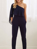 Jumpsuit Damen Overall Kurzarm Einschulter und Rüschen Dunkelmarineblau Konisch Party Abendmode
