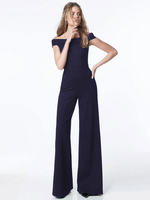 Jumpsuit Damen Overall Kurzarm und Carmenausschnitt Dunkelmarineblau Schlaghose Party Abendmode