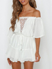 Jumpsuit Damen Overall Kurzarm und Carmenausschnitt und Trägern / Riemchen Weiß Party Abendmode