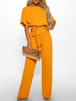 Jumpsuit Damen Overall Kurzarm und Rundkragen Gelb Straight Leg Party Abendmode