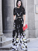 Jumpsuit Damen Overall Kurzarm und Rundkragen und Printmuster Schwarz Schlaghose Party Abendmode