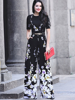 Jumpsuit Damen Overall Kurzarm und Rundkragen und Printmuster Schwarz Schlaghose Party Abendmode