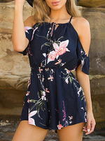 Jumpsuit Damen Overall Kurzarm und Spaghettiträger und Printmuster Dunkelblau locker Party Abendmode