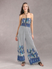 Jumpsuit Damen Overall Kurzarm V-Ausschnitt und Print Blau Party Abendmode