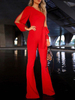 Jumpsuit Damen Overall Langarm Einschulter Rot Trompetenhose Party Abendmode