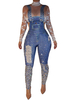 Jumpsuit Damen Overall Langarm Halskragen und Knöpfen im künstlichen gealterten Stil Blau Konisch Party Abendmode