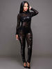 Jumpsuit Damen Overall Langarm Halskragen und Pailletten und geometrischem Muster Schwarz Stifthose Party Abendmode
