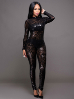 Jumpsuit Damen Overall Langarm Halskragen und Pailletten und geometrischem Muster Schwarz Stifthose Party Abendmode