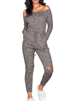 Jumpsuit Damen Overall Langarm und Carmenausschnitt Cutouts Grau Gaucho Hose Party Abendmode