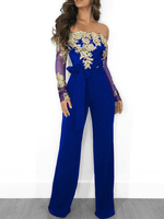 Jumpsuit Damen Overall Langarm und Carmenausschnitt und Deko-Applikation und Farbblock Blau Schlaghose Party Abendmode