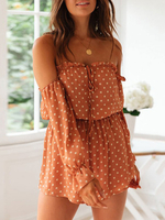 Jumpsuit Damen Overall Langarm und Carmenausschnitt und Polka-Tupfen Orange locker Party Abendmode
