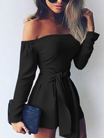 Jumpsuit Damen Overall Langarm und Carmenausschnitt und Schnüren Schwarz locker Party Abendmode