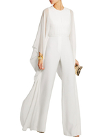Jumpsuit Damen Overall Langarm und Rundkragen und Reißverschluss Weiß Schlaghose Party Abendmode