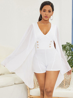 Jumpsuit Damen Overall Langarm und spitzem Dekolleté und Knöpfen Weiß Party Abendmode