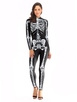 Jumpsuit Damen Overall Langarm und Stehkragen und Totenkopfmuster Schwarz Stifthose Party Abendmode