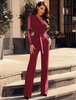 Jumpsuit Damen Overall Langarm und Umlegekragen geknotet und Polka-Tupfen Burgunderrot Straight Leg Party Abendmode