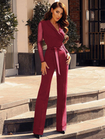 Jumpsuit Damen Overall Langarm und Umlegekragen geknotet und Polka-Tupfen Burgunderrot Straight Leg Party Abendmode