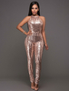 Jumpsuit Damen Overall ärmellos mit Rundkragen und Pailletten Champagner Stifthose Party Abendmode