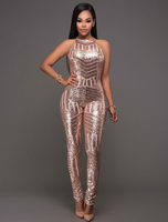 Jumpsuit Damen Overall ärmellos mit Rundkragen und Pailletten Champagner Stifthose Party Abendmode