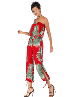 Jumpsuit Damen Overall ärmellos trägerlos mit Schnüren und Blattmuster Rot Party Abendmode