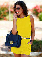 Jumpsuit Damen Overall ärmellos und Rundhalsausschnitt Gelb Party Abendmode