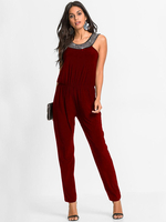 Jumpsuit Damen Overall ärmellos und Rundkragen und Kunstdiamanten Burgunderrot Konisch Party Abendmode