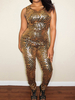 Jumpsuit Damen Overall ärmellos und Rundkragen und Pailletten Gold Stifthose Party Abendmode