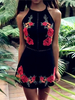 Jumpsuit Damen Overall ärmellos und Rundkragen und Stickereien und Päoniemuster Schwarz Party Abendmode