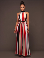 Jumpsuit Damen Overall ärmellos und Rundkragen und Streifen Rot Party Abendmode