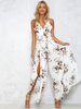 Jumpsuit Damen Overall ärmellos und Spaghettiträger und Schlitz an der Front und Print Weiß Schlaghose Party Abendmode