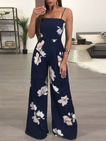 Jumpsuit Damen Overall ärmellos und Trägern geknotet und Printmuster Dunkelblau Schlaghose Party Abendmode