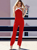 Jumpsuit Damen Overall ärmellos und Trägern und Reißverschluss und Farbblock Rot Straight Leg Party Abendmode