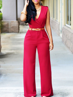 Jumpsuit Damen Overall ärmellos V-Ausschnitt Rot Schlaghose Party Abendmode