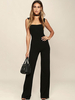 Jumpsuit Damen Overall ärmellos viereckiger Ausschnitt und Reißverschluss Schwarz Straight Leg Party Abendmode
