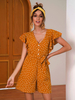 Jumpsuit Damen Overall V-Ausschnitt und Knöpfen und Polka-Tupfen Gelb Straight Leg Party Abendmode