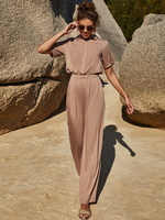 Jumpsuit Deep Apricot Turndown Kragen Kurzarm Knöpfe Stretch Polyester Straight Summer One Piece Outfit