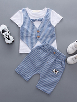 Jungen Outfit blau gestreift Kurzarm T-Shirt Hose Weste 3 Stück Set
