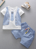 Jungen Outfit Blau Streifen Kurzarm gefälschte 2 Stück T-Shirt Top und Hose 2 Stück Set