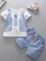 Jungen Outfit Blau Streifen Kurzarm gefälschte 2 Stück T-Shirt Top und Hose 2 Stück Set