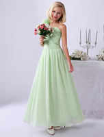 Junior Brautjungfer Kleider Hellgrün One Shoulder Blumen Chiffon Lange Blumenmädchen Kleid