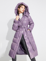 Kapuzen-Daunenmantel Lila Lange Puffer Belted Winter Oberbekleidung für Frauen