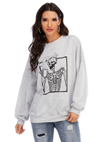 Kapuzenpullover für Frau Grau Langarm Skeleton Printed Polyester Kapuzen-Sweatshirt